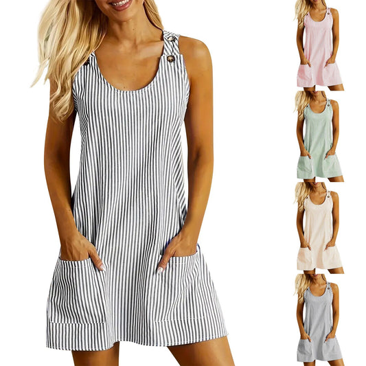 Fashion Striped Patchwork Commuting U-Neck Sleeveless Pockets Mini Dress