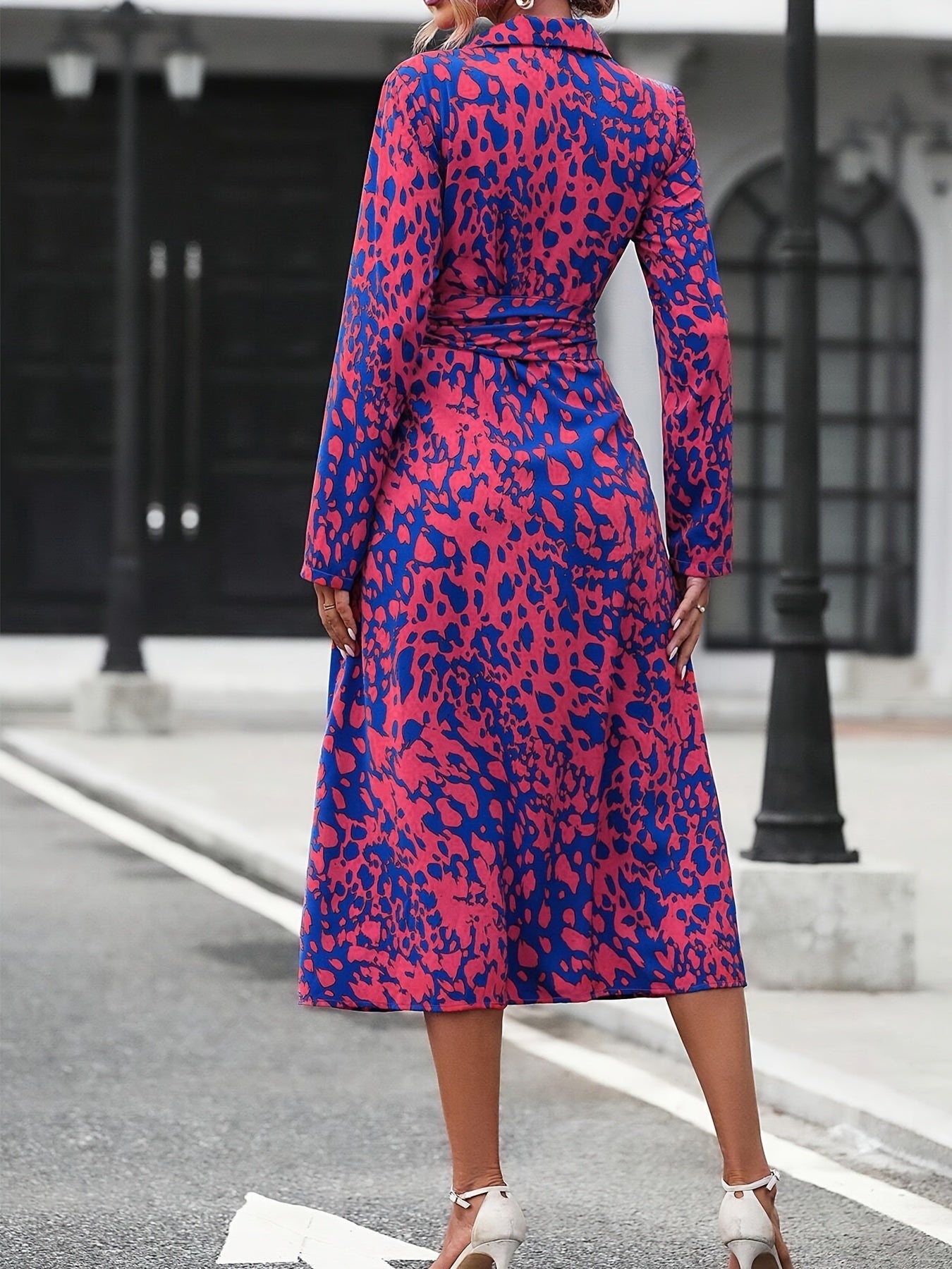 Women's Long-Sleeved All-Over Leopard Print Belted Shirt Dress