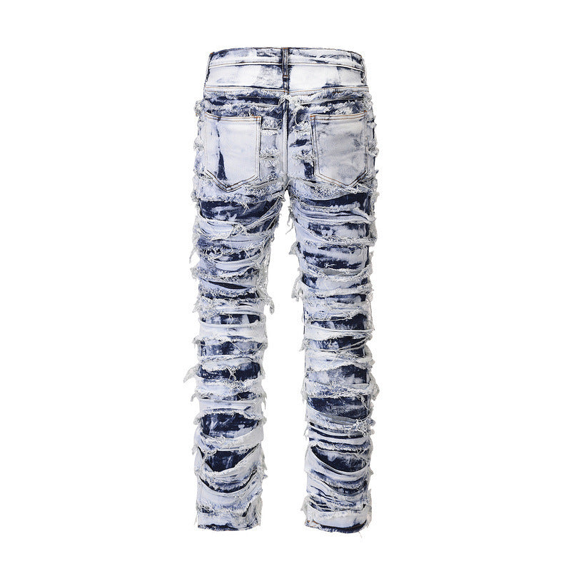 Washed Blue Ripped Zipper Distressed Beggar Pants
