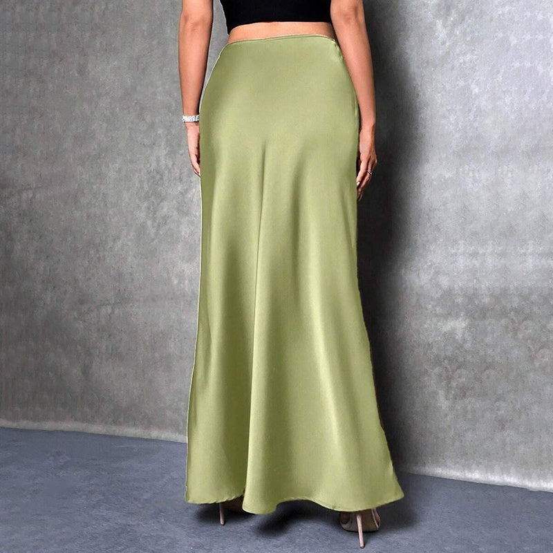 Women's Elegant Satin High Waist Flared Midi Skirt