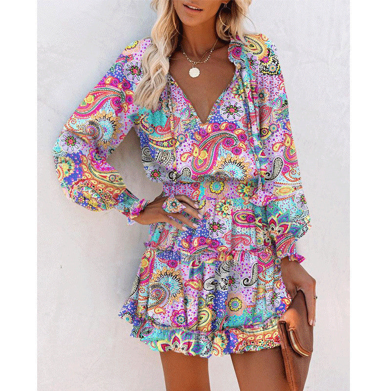 Fashion Patchwork Puff Sleeve Waist Dresses