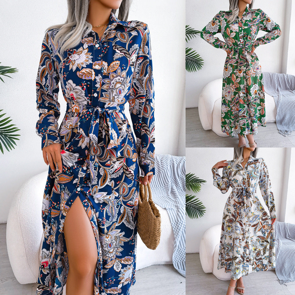 Retro Flower Lapel Tied Shirt Dress