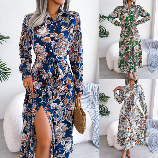 Retro Flower Lapel Tied Shirt Dress