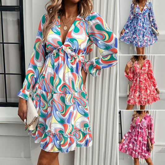Vacation Style Printed V-neck Long-sleeve Dress
