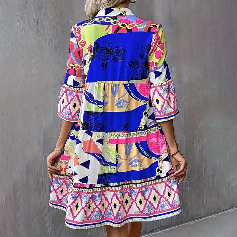 Women's Mini Casual V-Neck Printed Flared Sleeve Pleated Short Beach Dresses