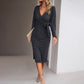 V-neck Long Sleeve Knitted Tied Dress