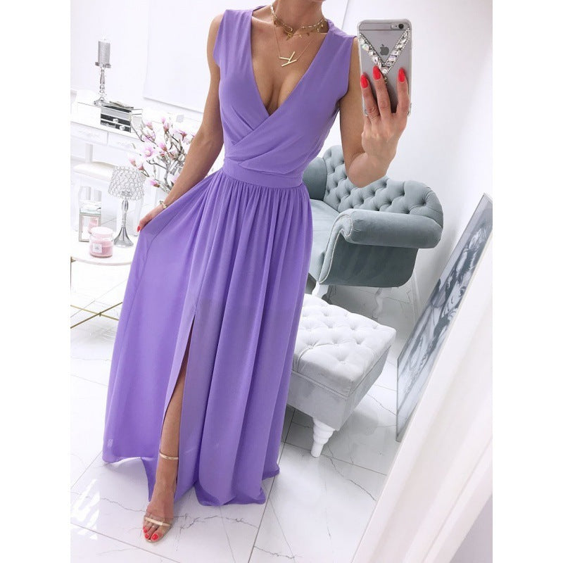 V-neck Front Split Long Dress