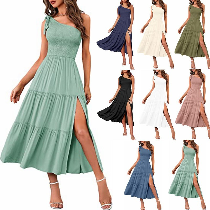 Fashion Women's One-shoulder Pleated Layered Hem Split Dress