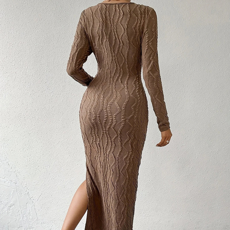 Women's Crew Neck Long Sleeve Ribbed Dress