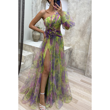 Mesh Tie-dye Printed Off-shoulder Slit Dress