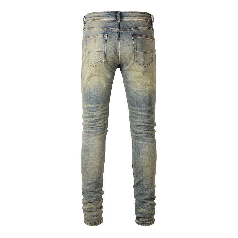 Printed Pleated Elastic Light Colored Jeans For Men