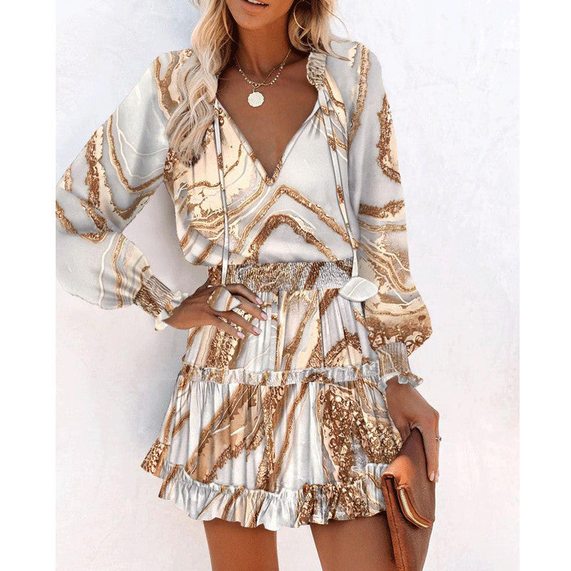 Fashion Patchwork Puff Sleeve Waist Dresses
