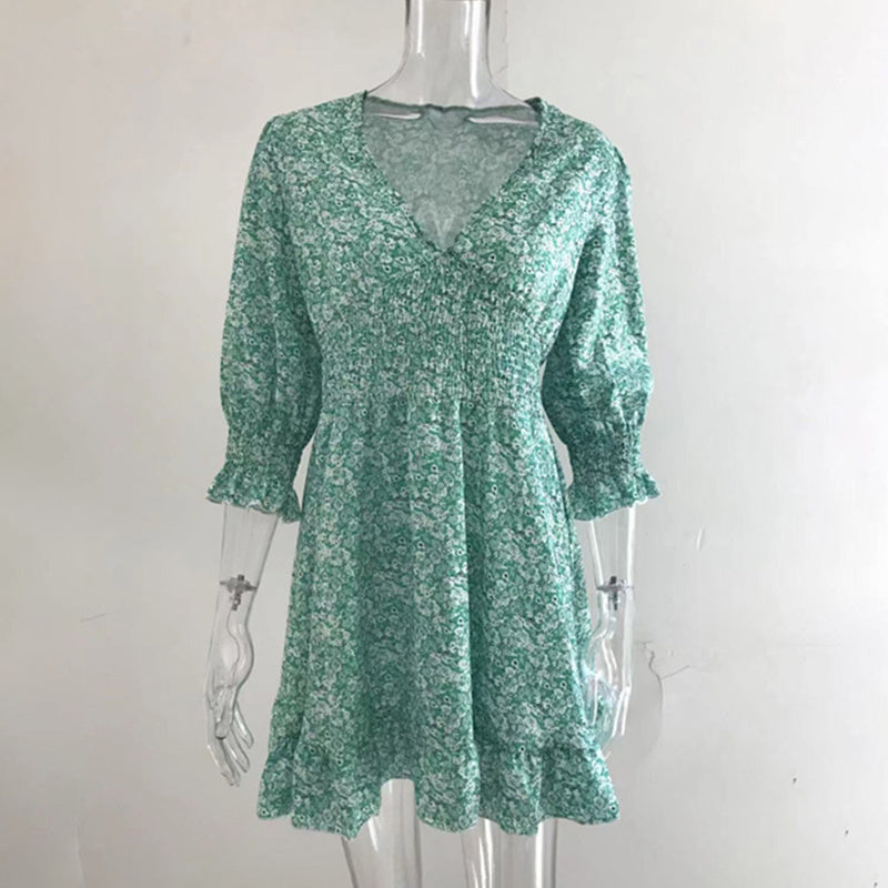 Floral Deep V Neck Smocked Elastic Waist Casual A-Line Swing Mini Dress