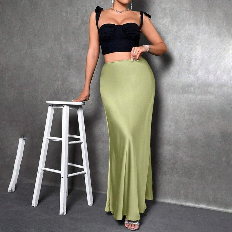 Women's Elegant Satin High Waist Flared Midi Skirt