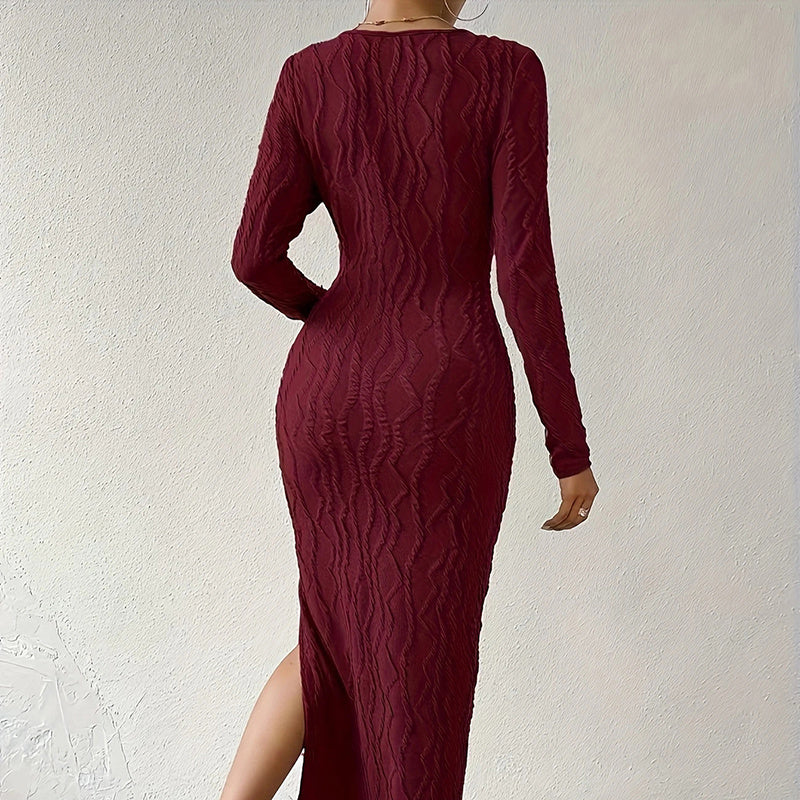 Women's Crew Neck Long Sleeve Ribbed Dress