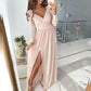 Long-sleeved V-neck Solid Color Hem Dress With Slits