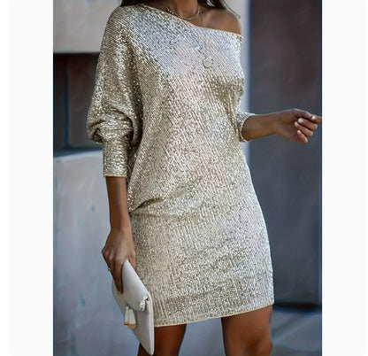 Fashion Oblique Shoulder Sequins Dress