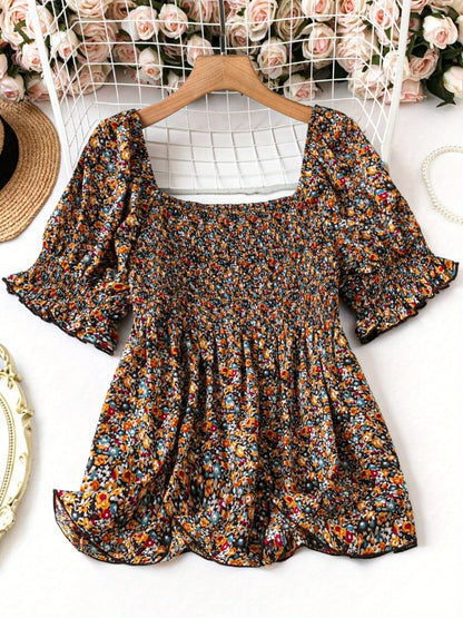 Women's Plus Size Elegant Shirred All-Over Print Blouse