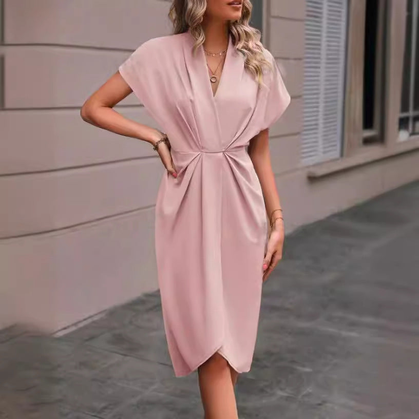 Fashion V-neck Short Sleeve Pleated Dresses