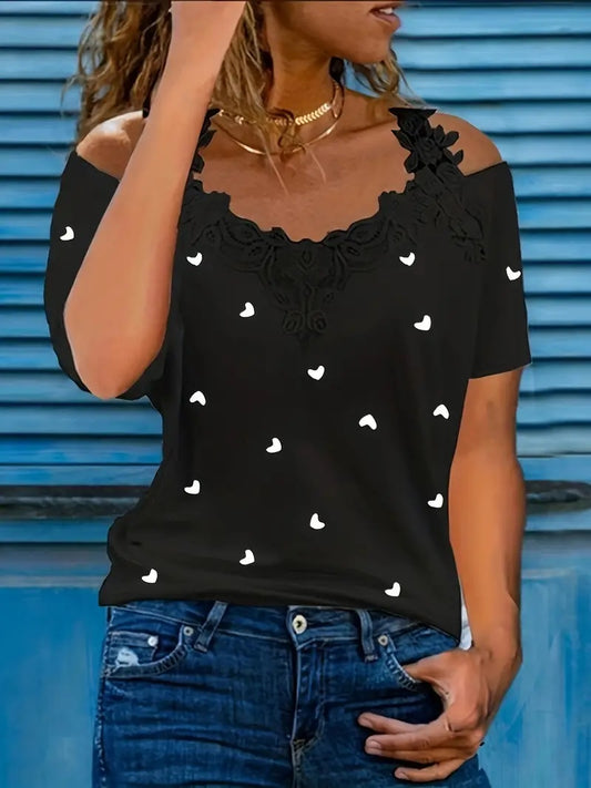 Summer Short-sleeved Lace Heart Print T-shirt Women's Top