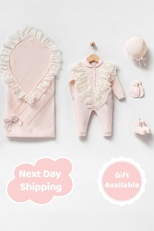 Eva Pink Newborn Knitwear Coming Home Set (5 pcs)