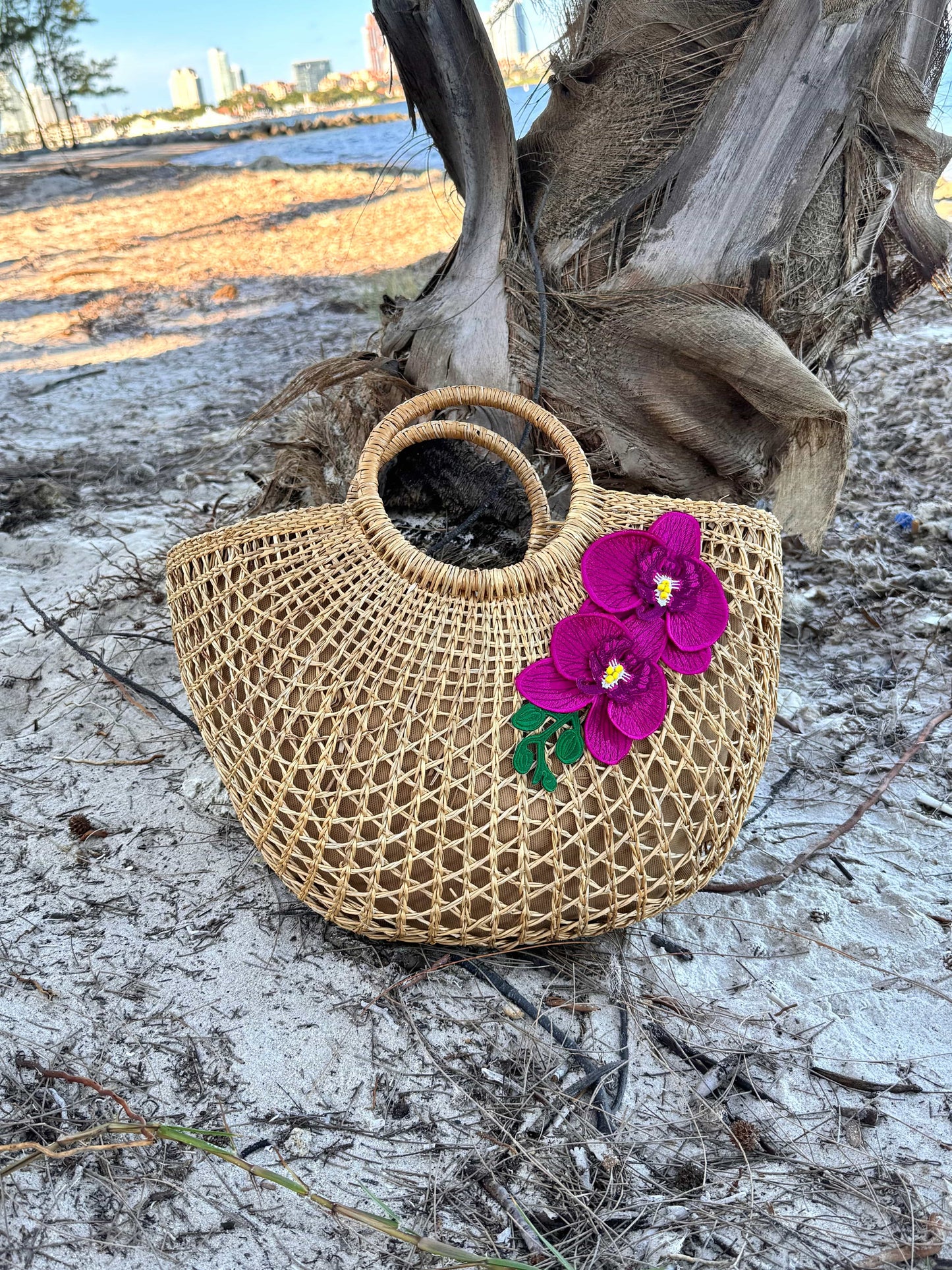 Island Orchid Straw Beach Bag